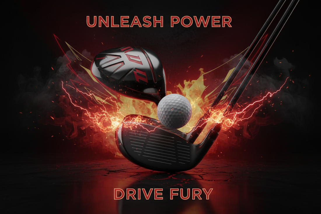 Golf drills to fix your slice with powerful drivers and golf balls on a dynamic background.