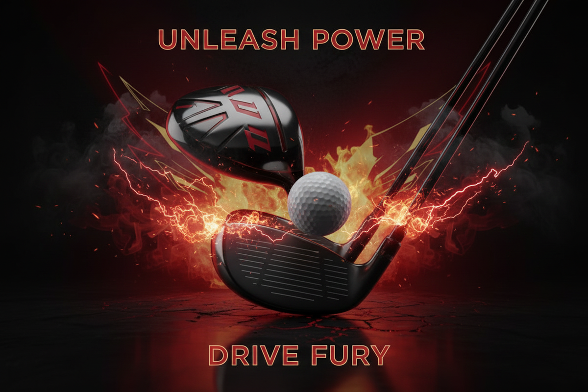 Golf drills to fix your slice with powerful drivers and golf balls on a dynamic background.
