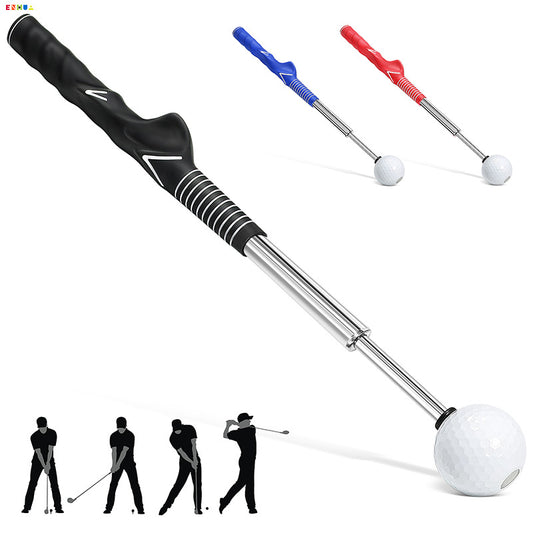 Telescopic golf swing simulator showing retractable design and golf balls for training and swing practice.