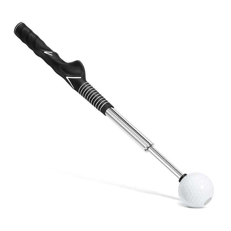 Telescopic golf swing simulator with a golf ball demonstrating portable swing training.