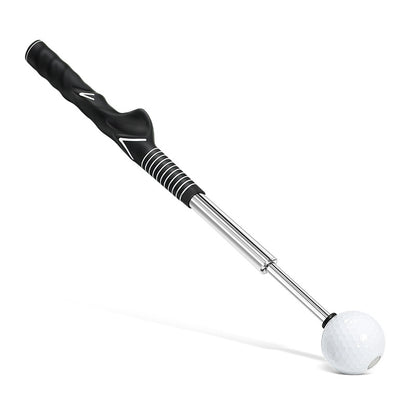 Telescopic golf swing simulator with a golf ball demonstrating portable swing training.