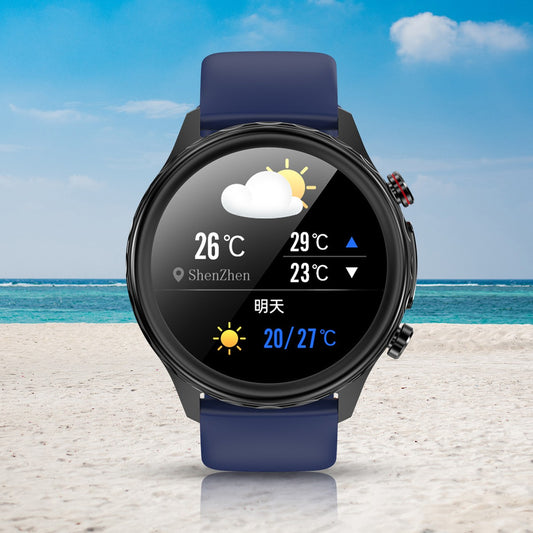 Bluetooth Smart Watch Health Detection displaying weather information on a beach background with clear skies.