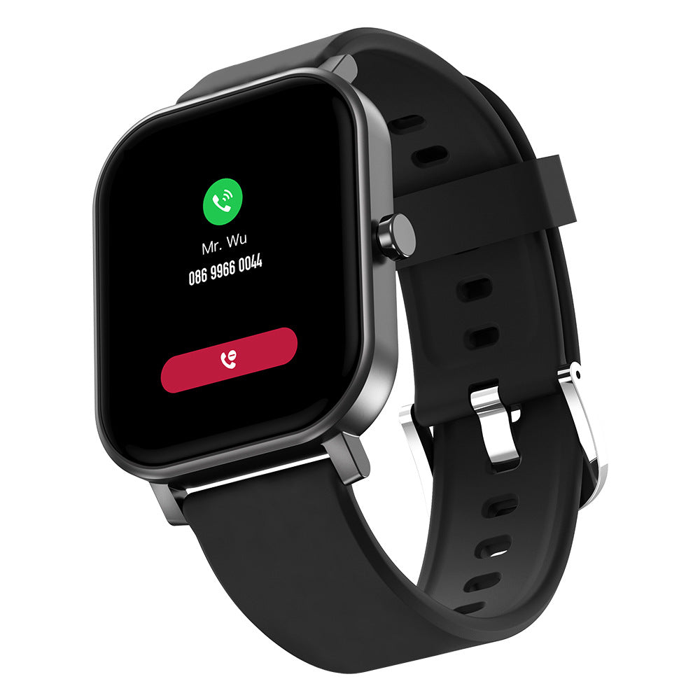 Health smart watch with bluetooth displaying incoming call from Mr. Wu on the touchscreen.