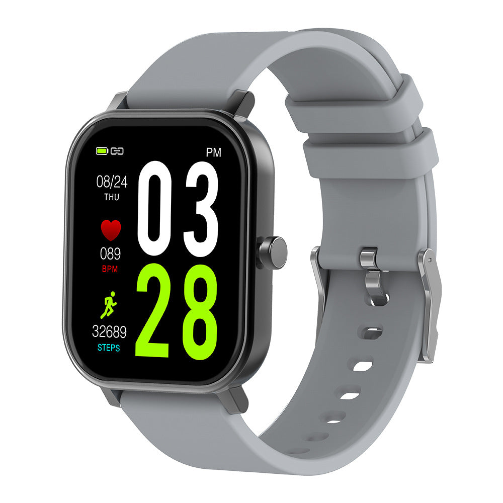 Health smart watch with bluetooth displaying heart rate, steps, and time on its vibrant touchscreen.