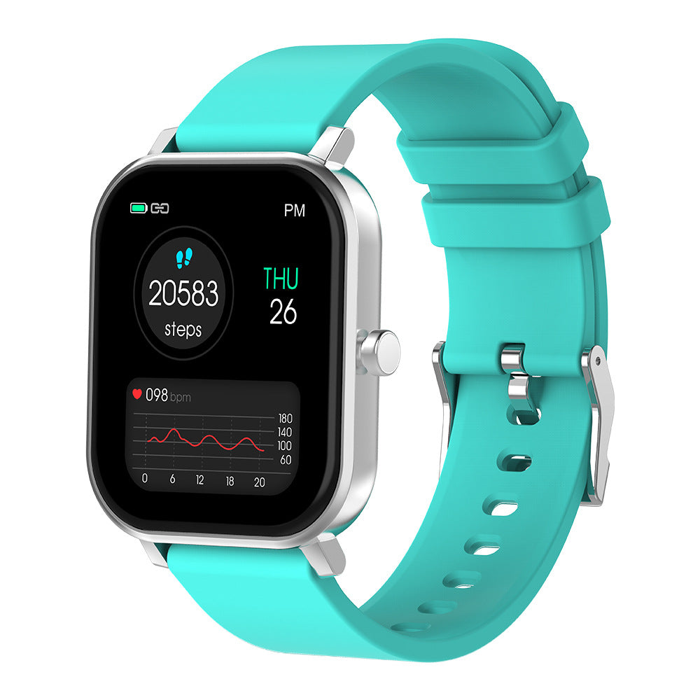 Health smart watch with bluetooth showing step count and heart rate on vibrant touchscreen.