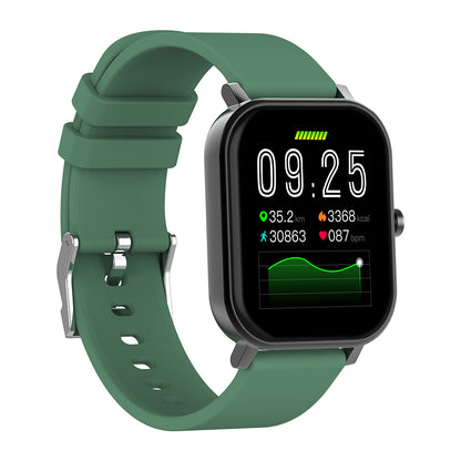 Health smart watch with bluetooth displaying fitness metrics on a vibrant touchscreen with green strap.