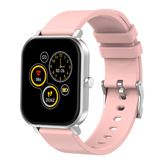 Health smart watch with bluetooth showcasing a vibrant touchscreen and sleek design in pink strap.