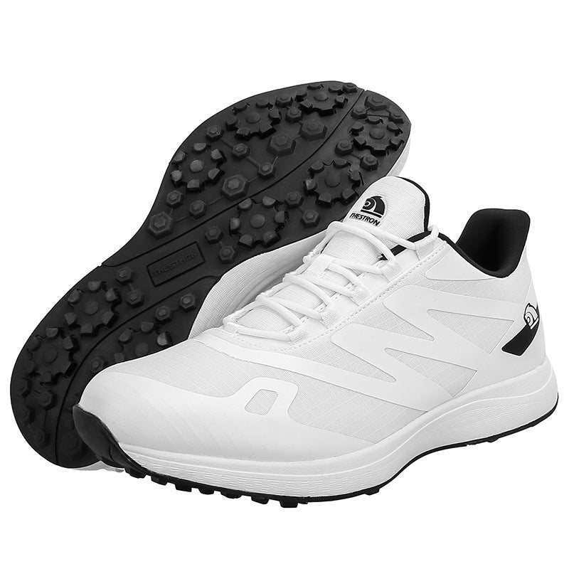 breathable men's golf sneakers shown from side and bottom view, featuring a mesh upper and durable outsole for traction.