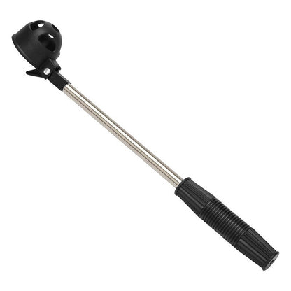 Stainless steel golf ball retriever with extendable handle and rubber grip for easy ball recovery.