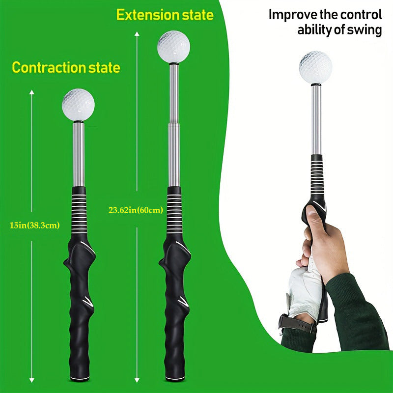 Telescopic golf swing simulator showcasing extension and contraction states for improved swing control.