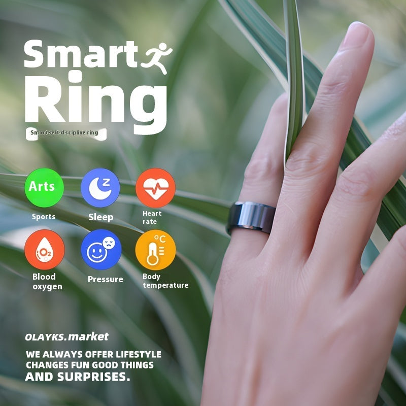 Smart Ring health tracker showcasing features like sleep, heart rate, blood oxygen, and body temperature on a stylish metal band.