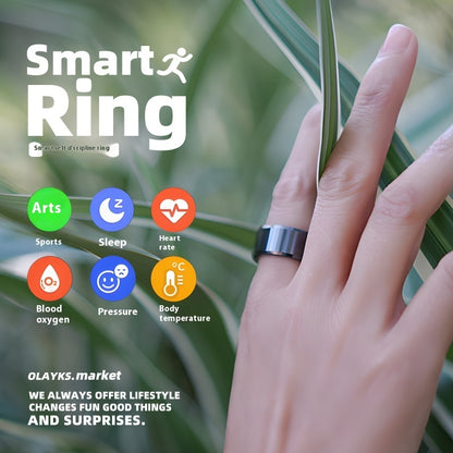 Smart Ring health tracker showcasing features like sleep, heart rate, blood oxygen, and body temperature on a stylish metal band.