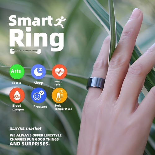 Smart Ring health tracker showcasing features like sleep, heart rate, blood oxygen, and body temperature on a stylish metal band.