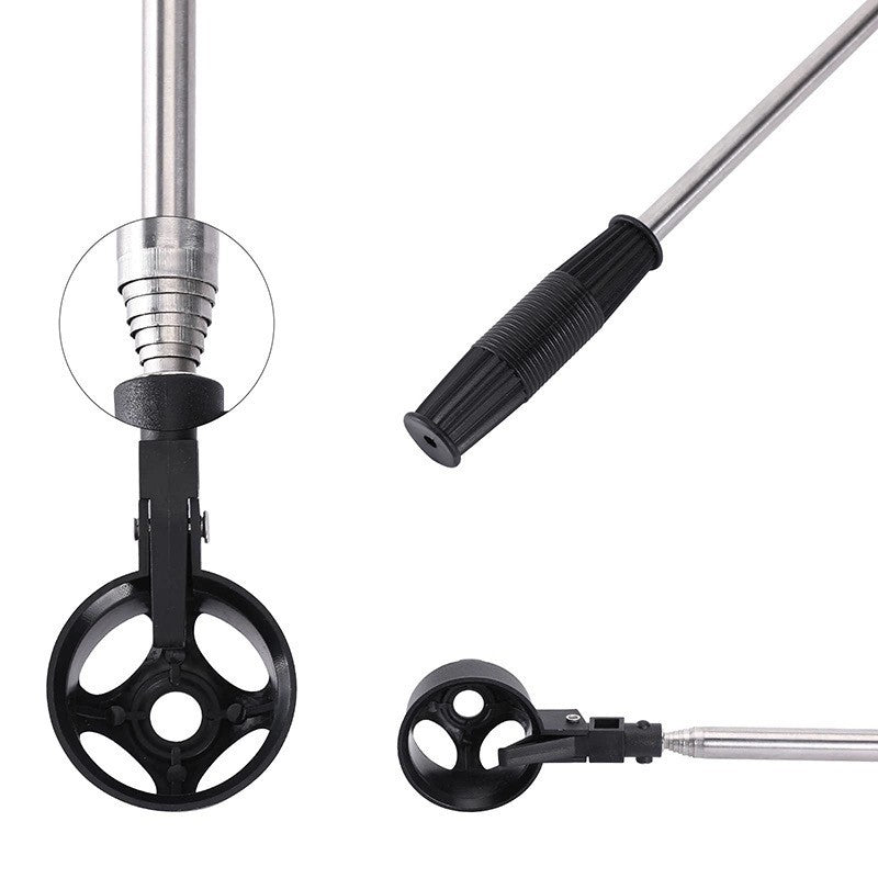 Close-up of the stainless steel golf ball retriever showing attachment and grip features.