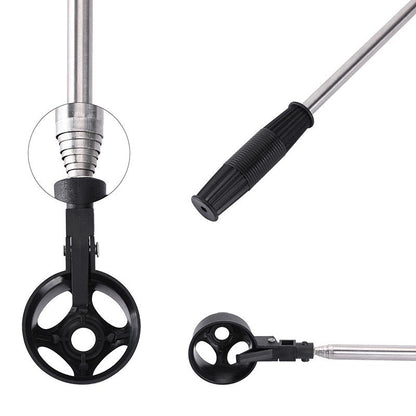 Close-up of the stainless steel golf ball retriever showing attachment and grip features.