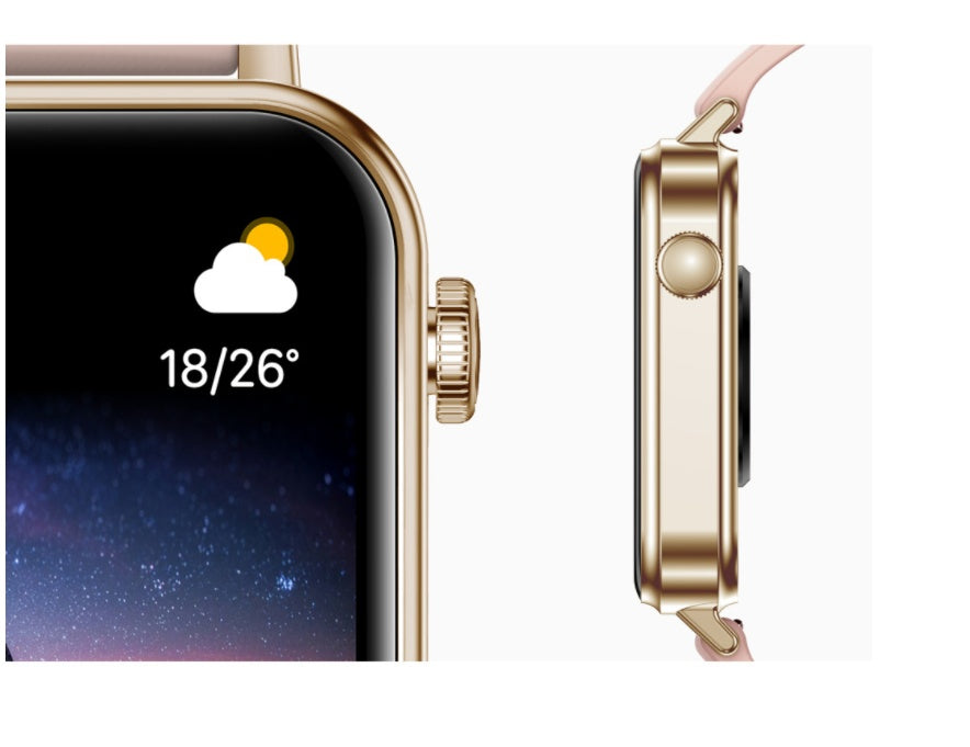 Smart watch heart rate tracking showing weather and temperature on touchscreen display.
