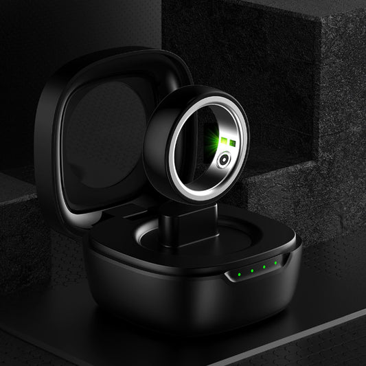 Smart Ring Sports Health Heart Rate Blood Oxygen charging case with LED indicators and sleek design.