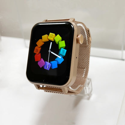 Smart watch heart rate tracking with colorful digital display and metallic mesh band.