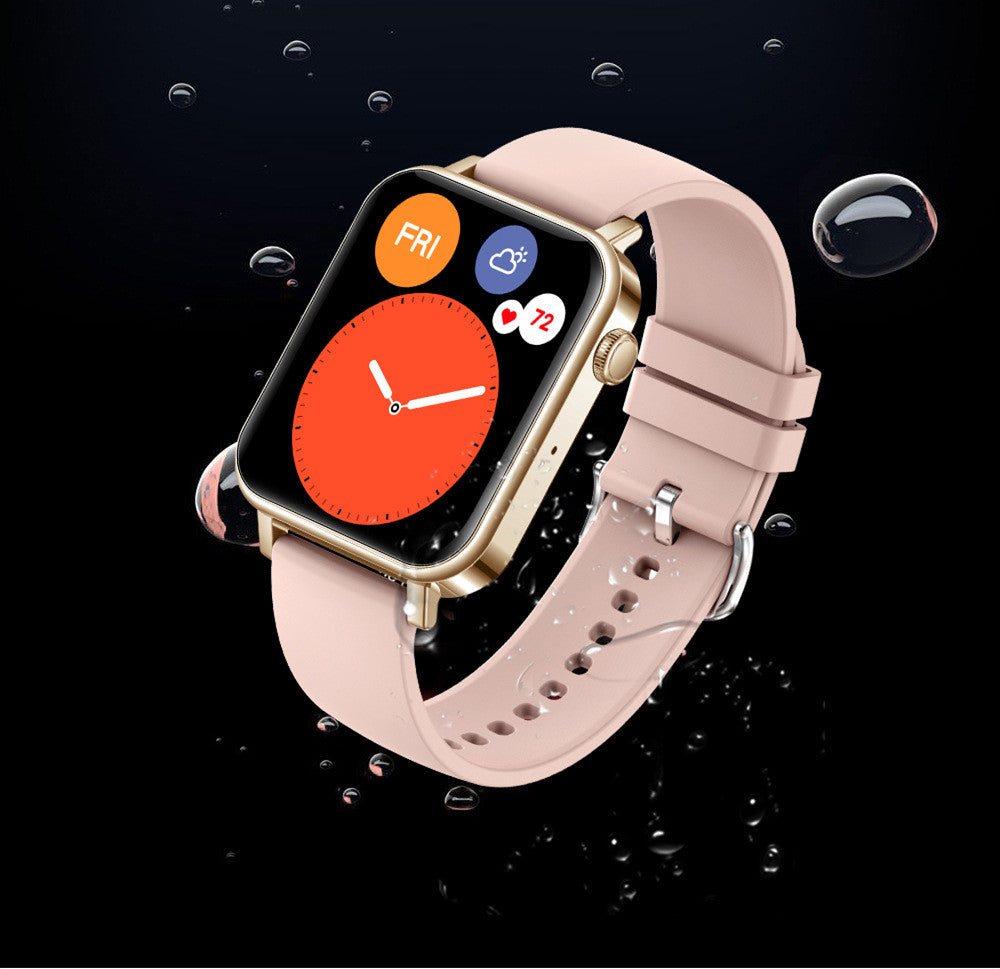 Smart watch heart rate tracking with a pink strap displaying time and heart rate on a black background.