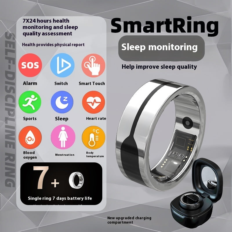 Smart Ring Health Tracker with sleep monitoring and multi-function features in a sleek design.