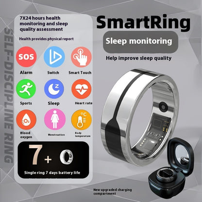 Smart Ring Health Tracker with sleep monitoring and multi-function features in a sleek design.