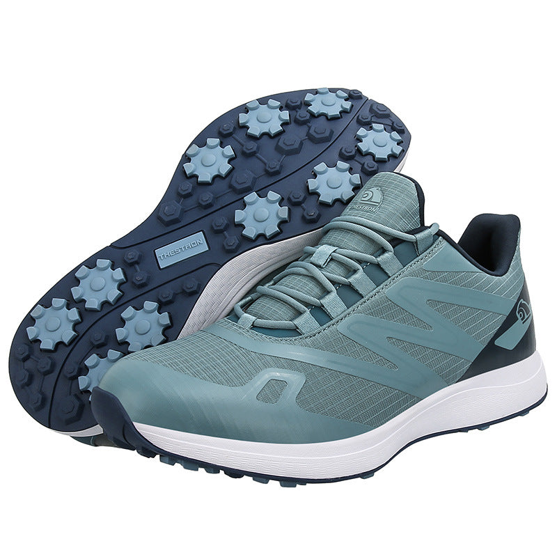 breathable men's golf sneakers in blue, featuring a mesh upper and designed for comfort and performance on the golf course.