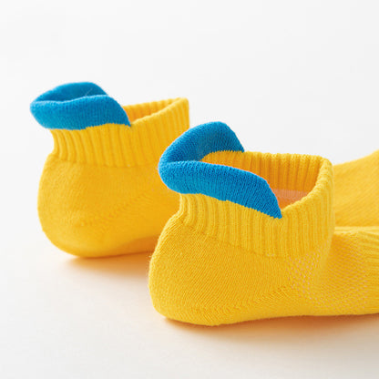 Women's Performance Running Socks in vibrant yellow with blue accents, designed for comfort and durability.