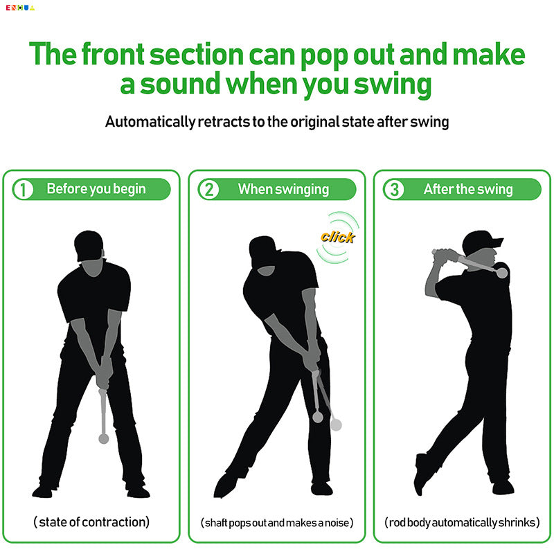 Telescopic golf swing simulator showcasing the contraction, sound effect, and retraction during a swing.