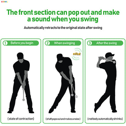 Telescopic golf swing simulator showcasing the contraction, sound effect, and retraction during a swing.