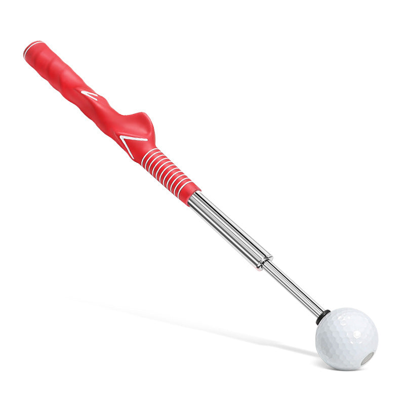 Telescopic golf swing simulator with red grip and a golf ball, ideal for practicing swings anywhere.