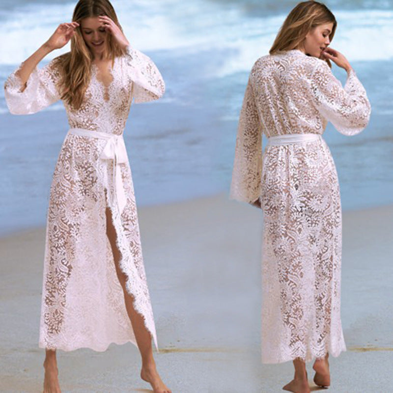 Women's Lace Beach Cover-Up Cardigan in white lace, perfect for stylish swimwear layering by Blaze Athletic.