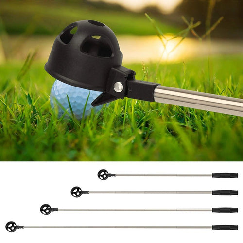 Stainless steel golf ball retriever retrieving a golf ball from grass, showcasing its extended reach.