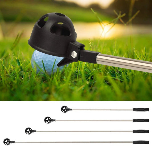 Stainless steel golf ball retriever retrieving a golf ball from grass, showcasing its extended reach.
