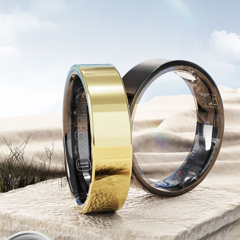 Multi-functional Waterproof Smart Ring in gold and black, showcasing its sleek design and health monitoring features.