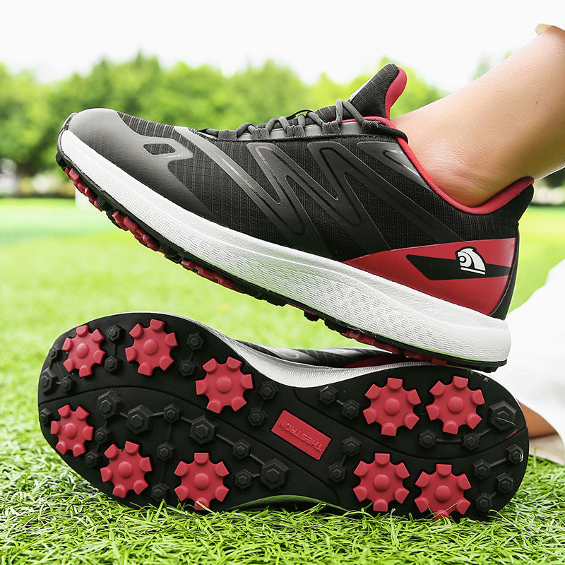 Breathable men's golf sneakers with mesh upper and traction outsole, ideal for stability and comfort on the golf course.