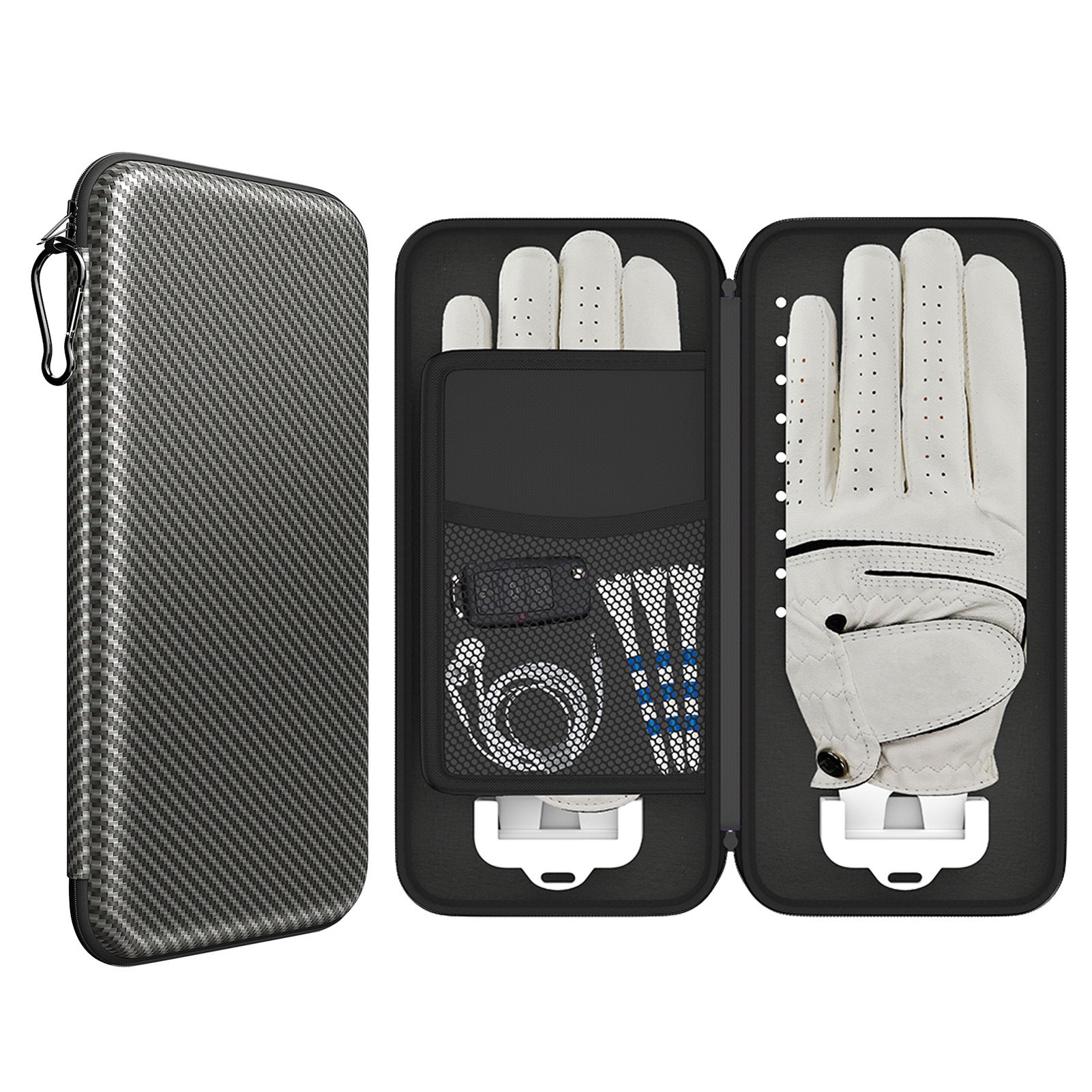 Double glove bag with two brackets for marking storage, showcasing organized golf gloves and accessories.