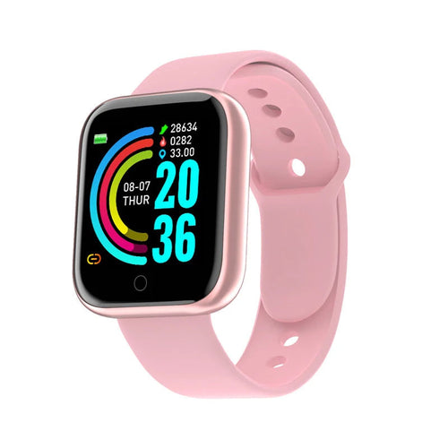 Multifunctional smart watch for fitness with pink strap and colorful display showing activity metrics.