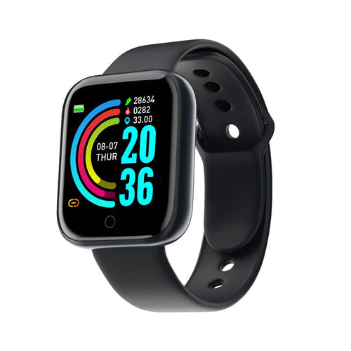 Multifunctional smart watch for fitness displaying health metrics and time in vibrant colors.