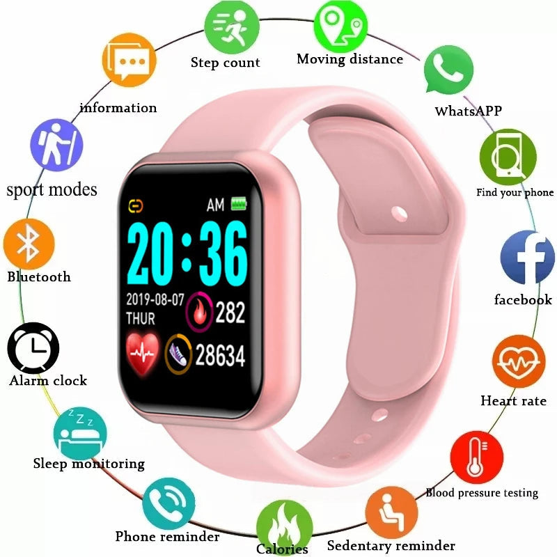 Multifunctional smart watch for fitness showcasing features like step count, heart rate monitoring, and Bluetooth connectivity.