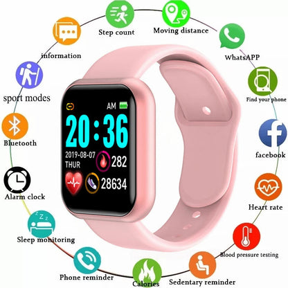 Multifunctional smart watch for fitness showcasing features like step count, heart rate monitoring, and Bluetooth connectivity.