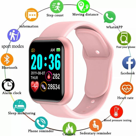 Multifunctional smart watch for fitness showcasing features like step count, heart rate monitoring, and Bluetooth connectivity.