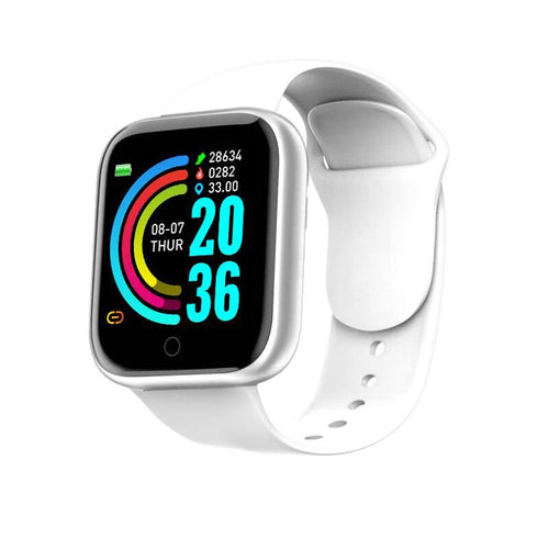 Multifunctional smart watch for fitness displaying colorful fitness tracking data on a white smartwatch.