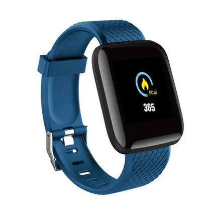 Multifunctional smart watch for fitness with blue strap displaying calorie count.