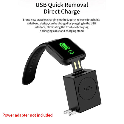 Multifunctional smart watch for fitness with USB quick removal charging method and power adapter not included.