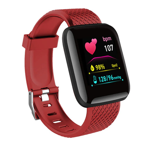 Multifunctional smart watch for fitness with heart rate monitor, red strap, Bluetooth connectivity.