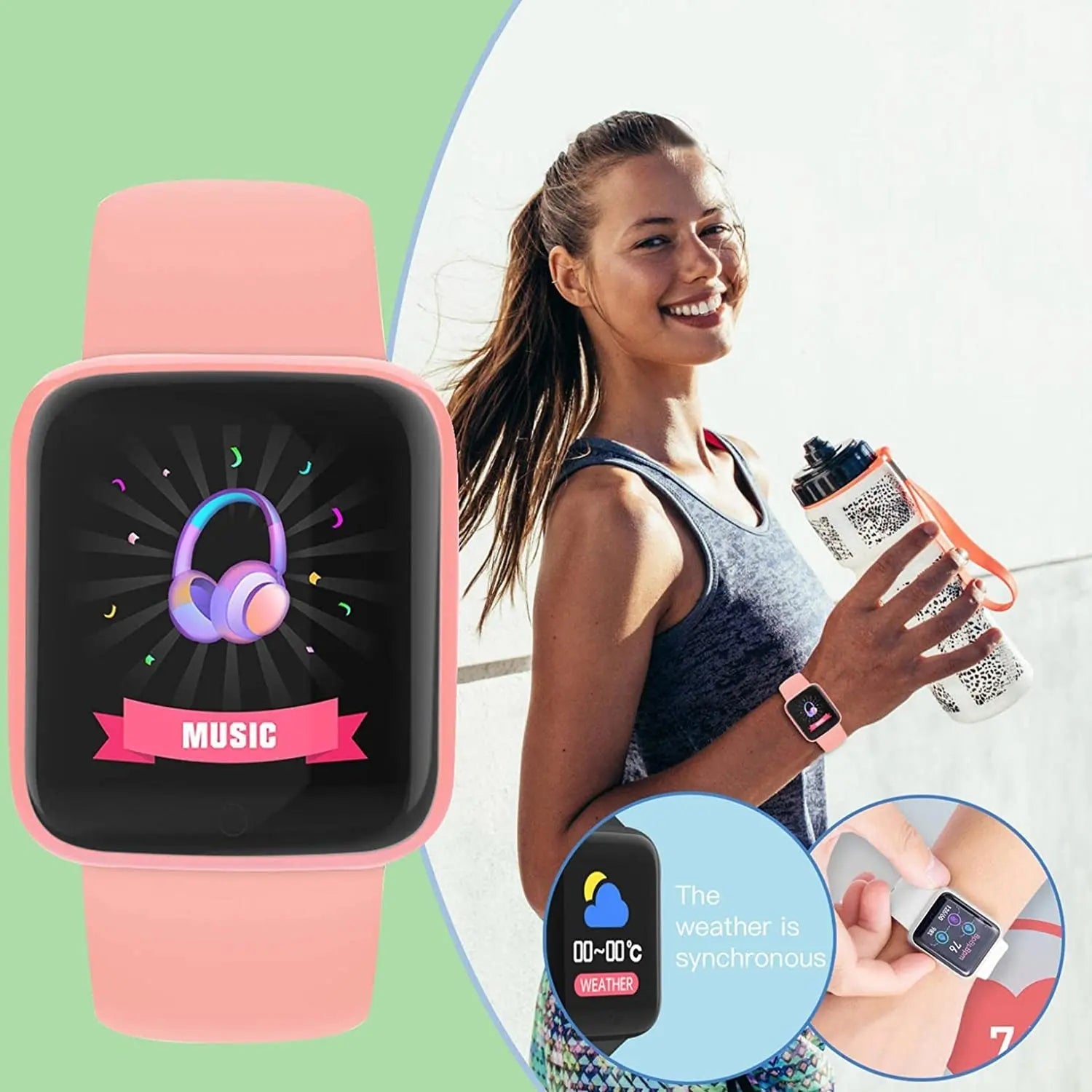 A woman wearing a multifunctional smart watch for fitness, showing music feature and holding a water bottle.