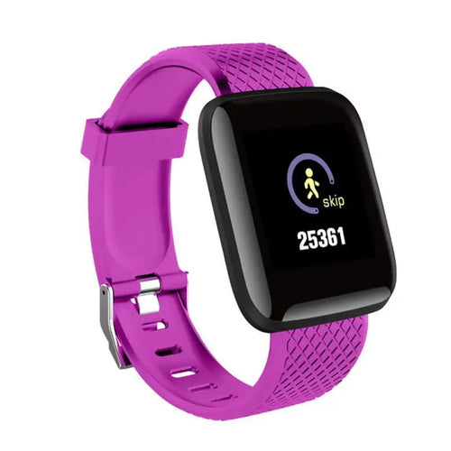 Multifunctional smart watch for fitness with a purple strap, displaying step count and activity tracking.