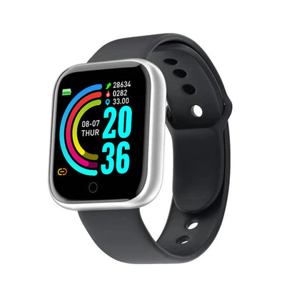 Multifunctional smart watch for fitness displaying tracking metrics and time on a black strap.