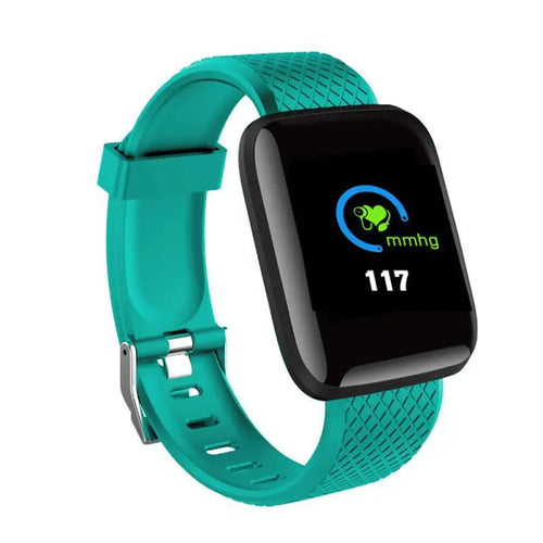 Multifunctional smart watch for fitness with turquoise strap displaying health metrics.