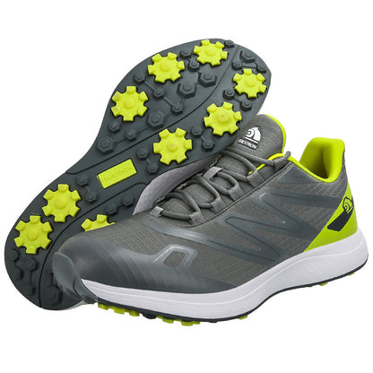 Breathable men's golf sneakers featuring a grey mesh upper and traction-enhancing sole for optimal performance on the course.